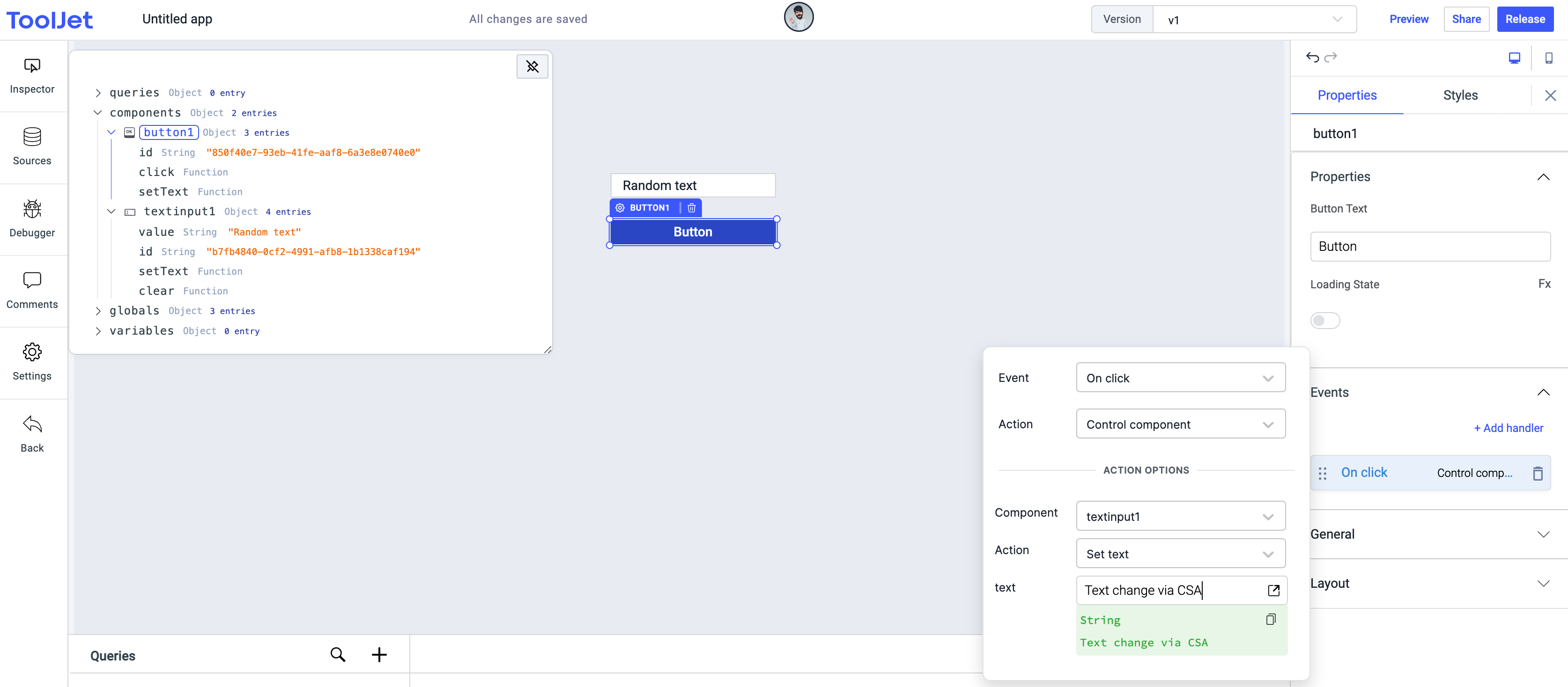 ToolJet - Action reference - Control Component