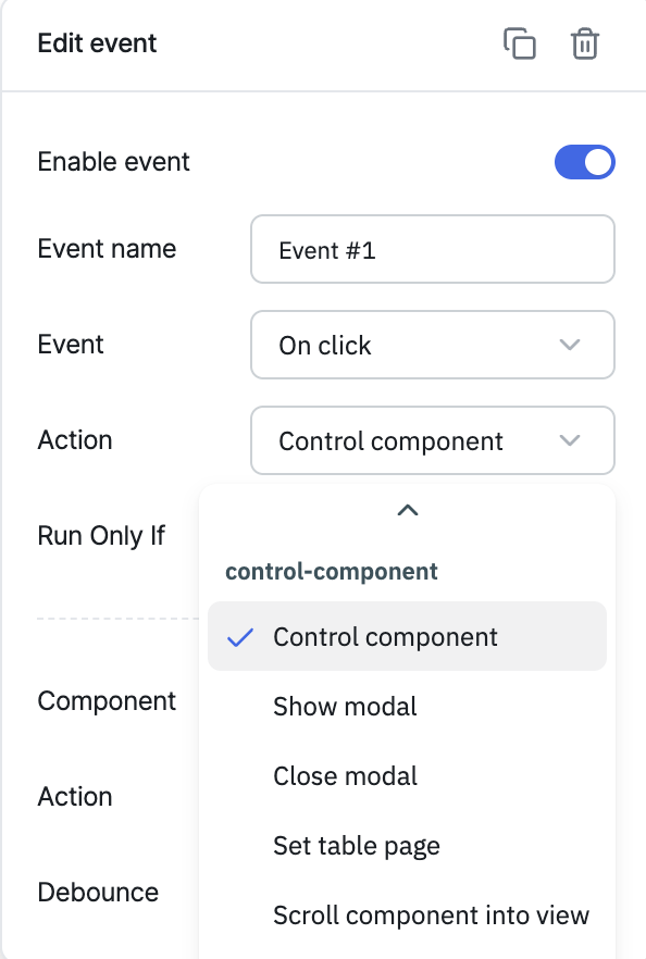 ToolJet - Action reference -  Control Component