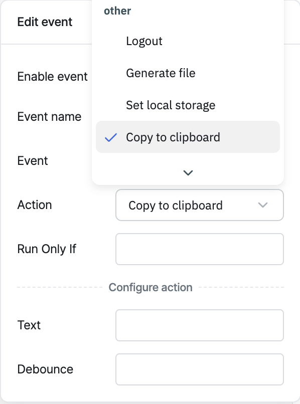 ToolJet - Action reference - Copy to clipboard
