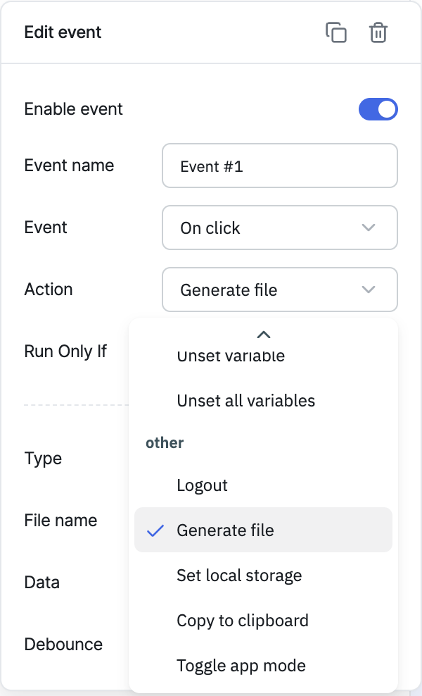 ToolJet - Action reference - generate-file