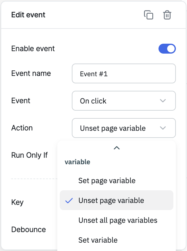 ToolJet - Action reference - Unset Page Variable