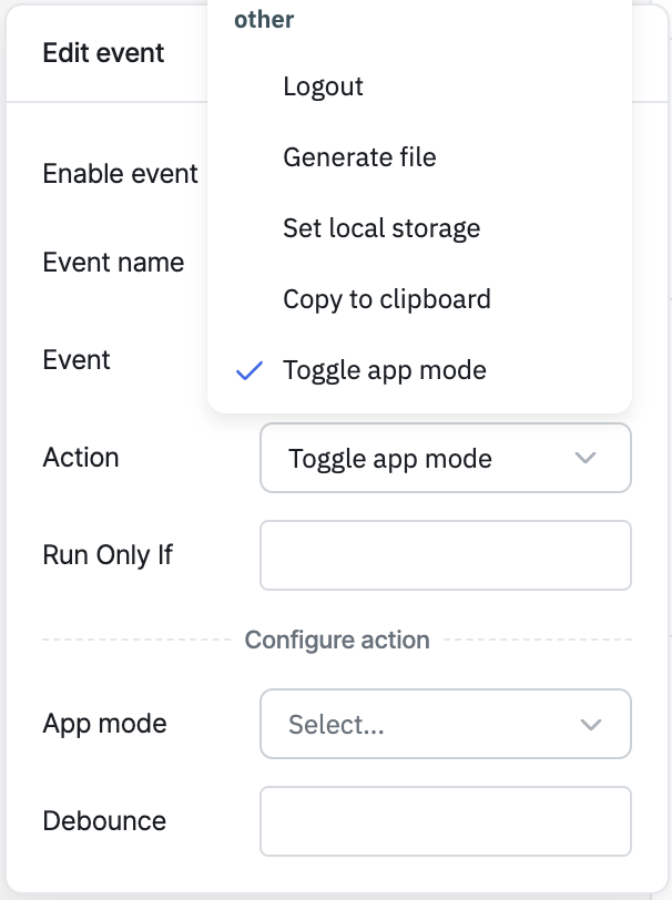 ToolJet - Action reference - Toggle App Mode