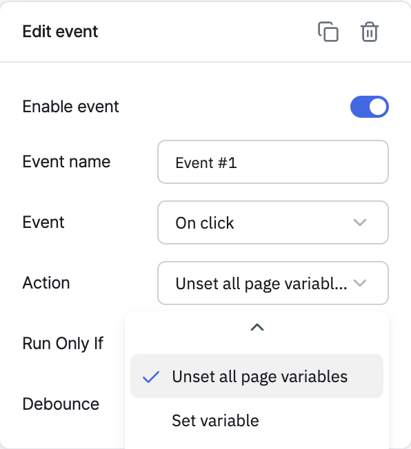 ToolJet - Action reference - Unset All Page Variables