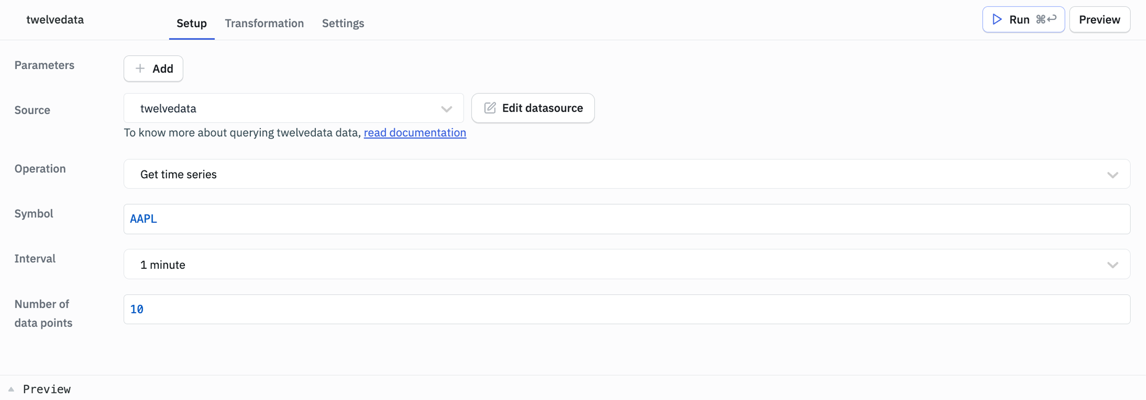Twelve Data query panel with Get time series selected