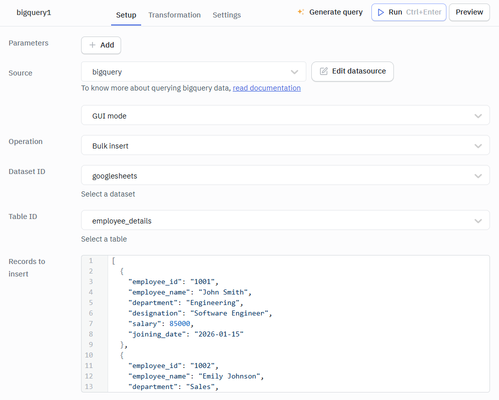 Bigquery GUI mode Bulk insert