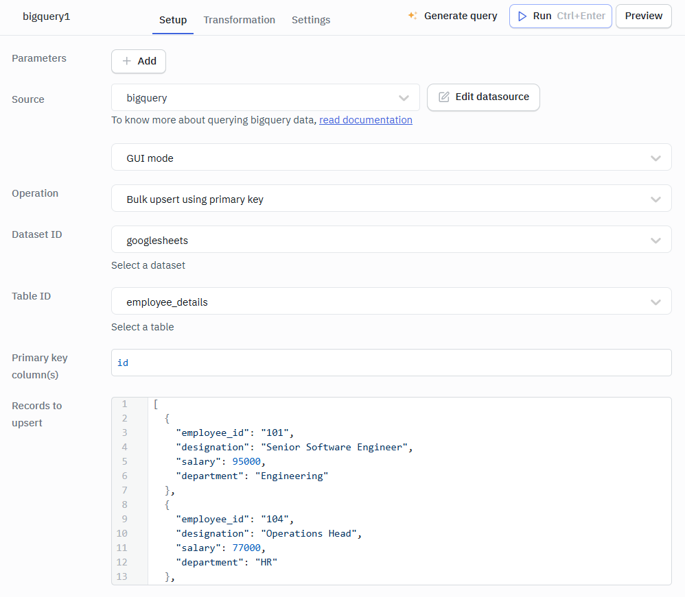 Bigquery GUI mode Bulk upsert