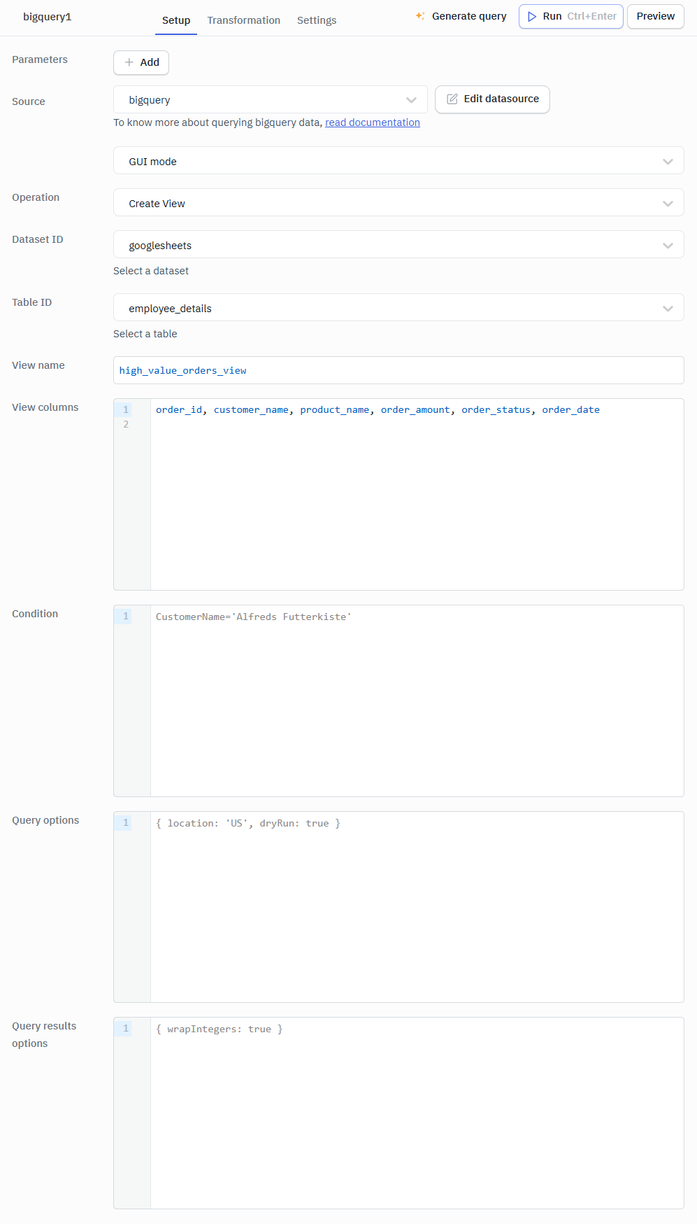 Bigquery GUI mode Create view