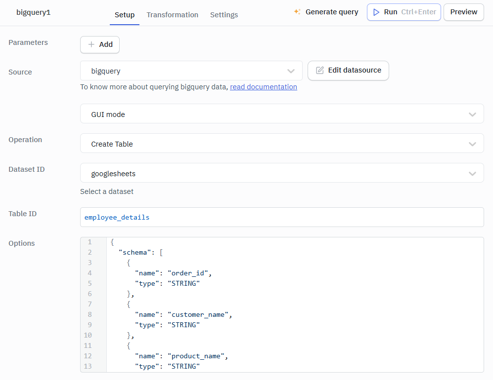 Bigquery GUI mode Create table