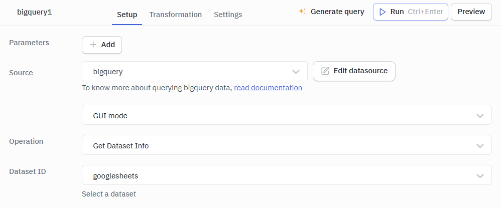 Bigquery GUI mode Get dataset info