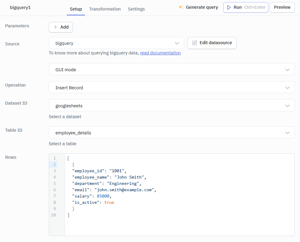Bigquery GUI mode Insert record