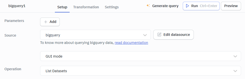 Bigquery GUI mode List datasets