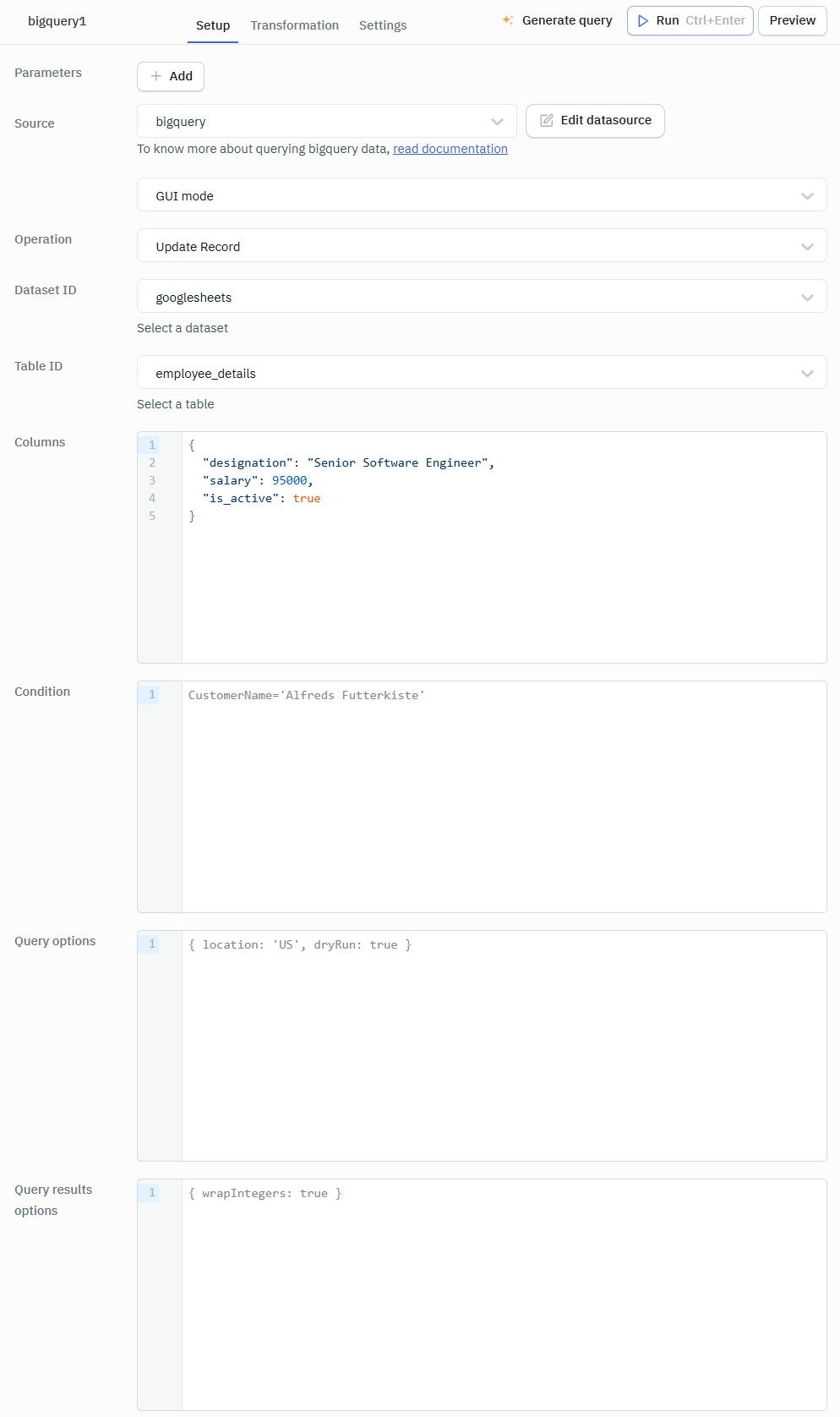 Bigquery GUI mode Update record