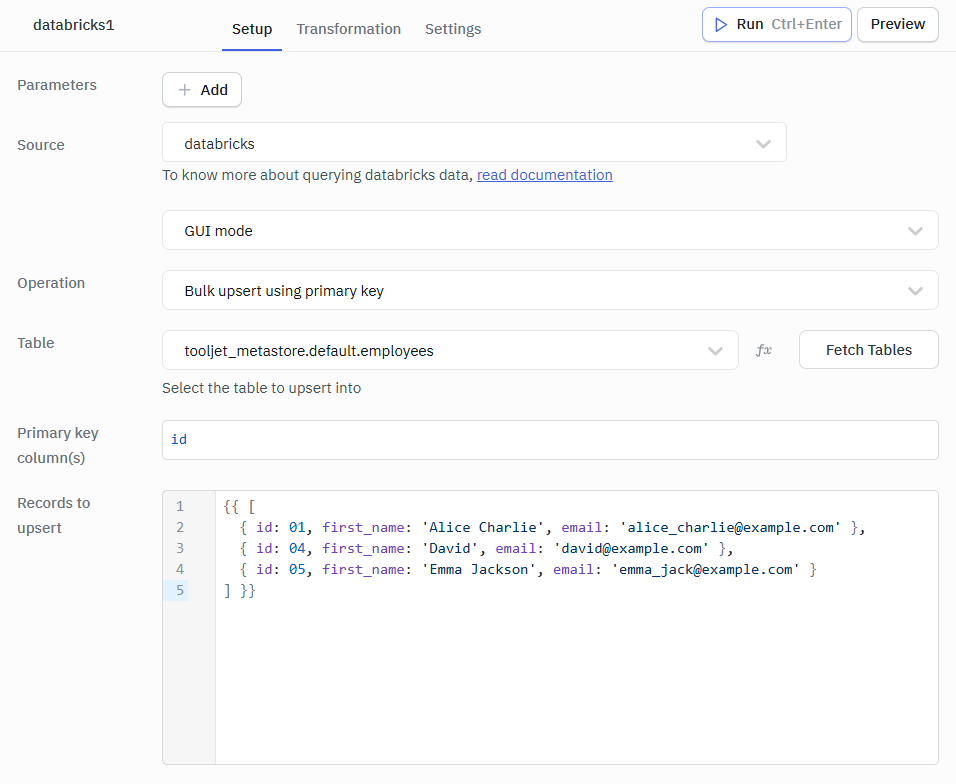 Databricks bulk upsert gui mode