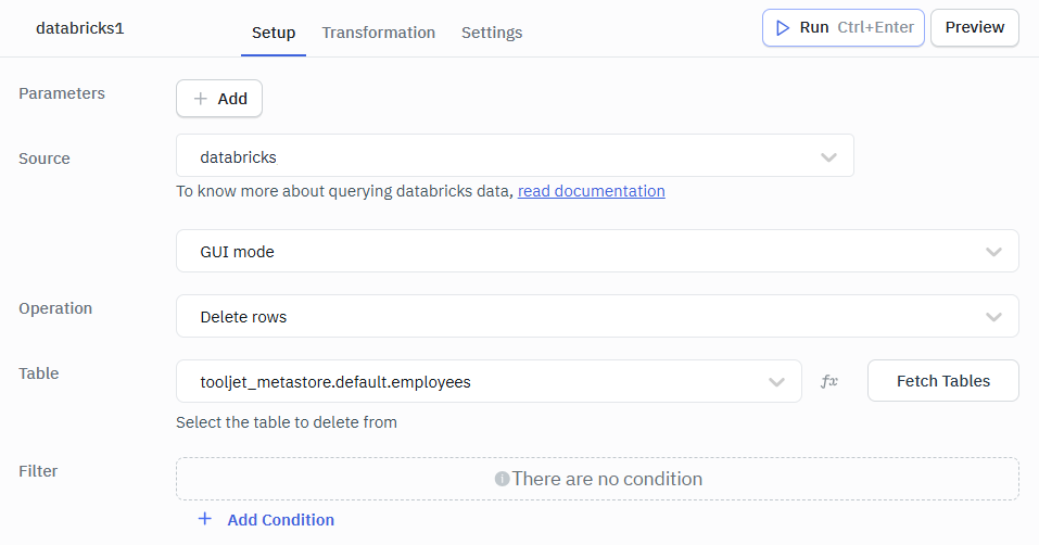Databricks Delete Rows GUI