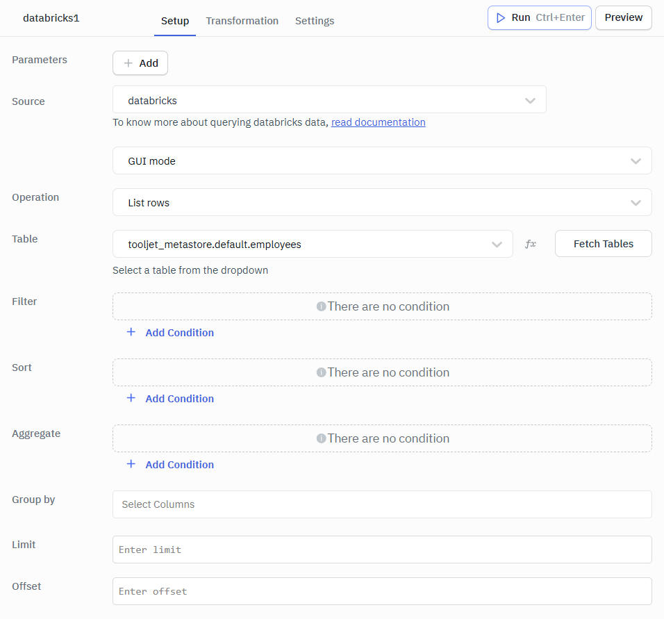 Databricks List Rows GUI