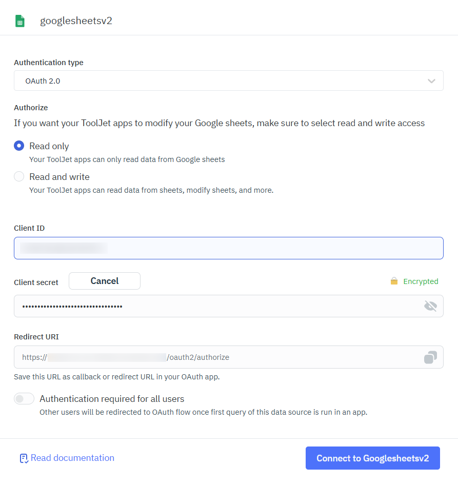 GS2.0 oauth auth type connection