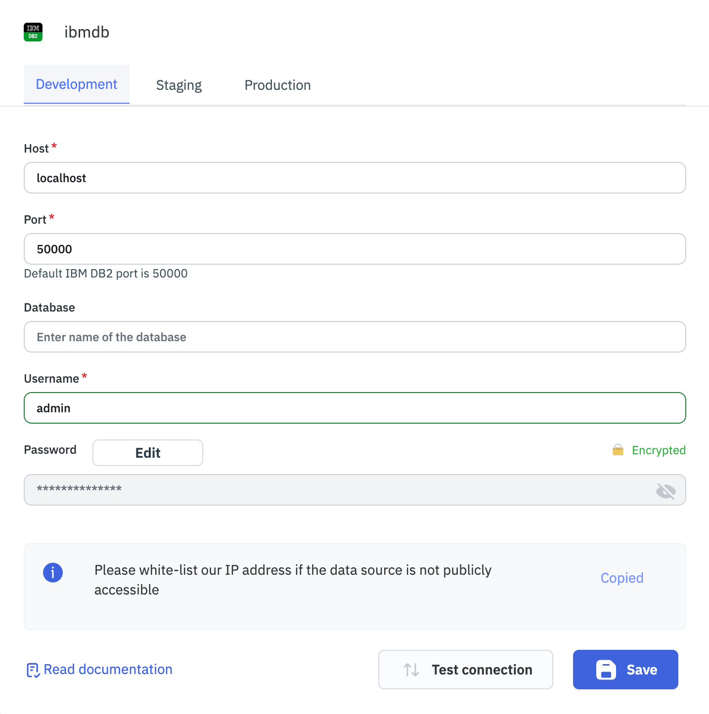 ToolJet - Data source connection - IBM DB2