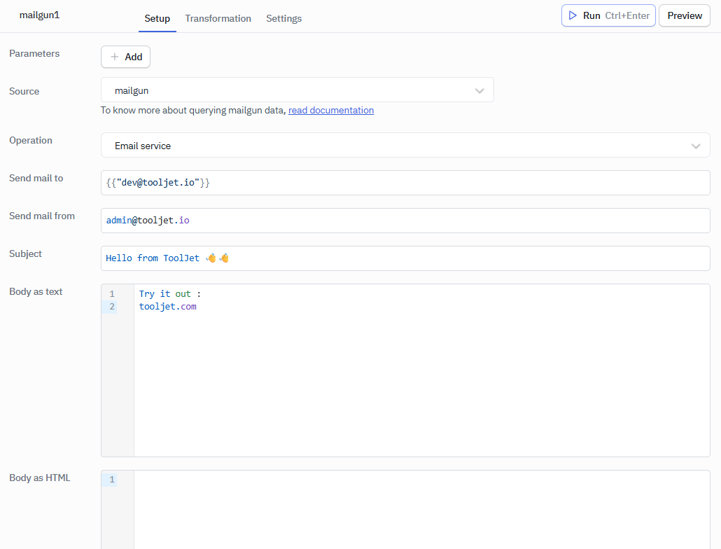 ToolJet - Data source - Mailgun Query