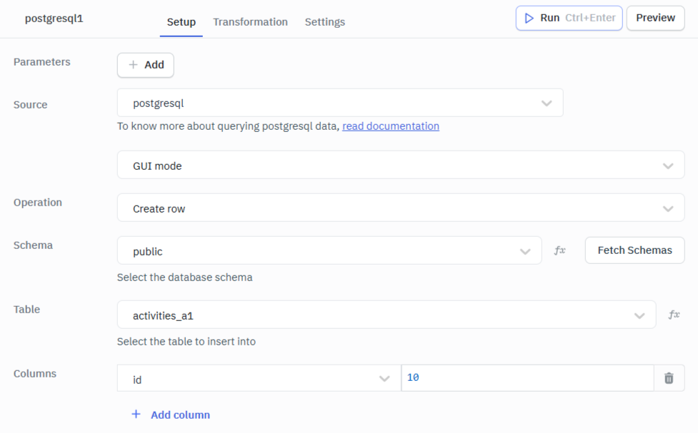 Create Rows GUI Postgresql