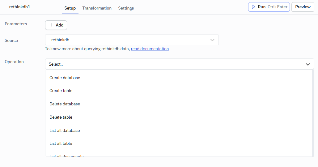 RethinkDB Connection Page