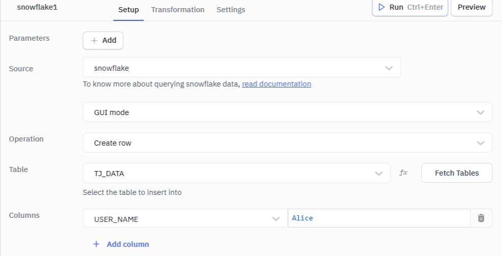 Snowflake create rows gui