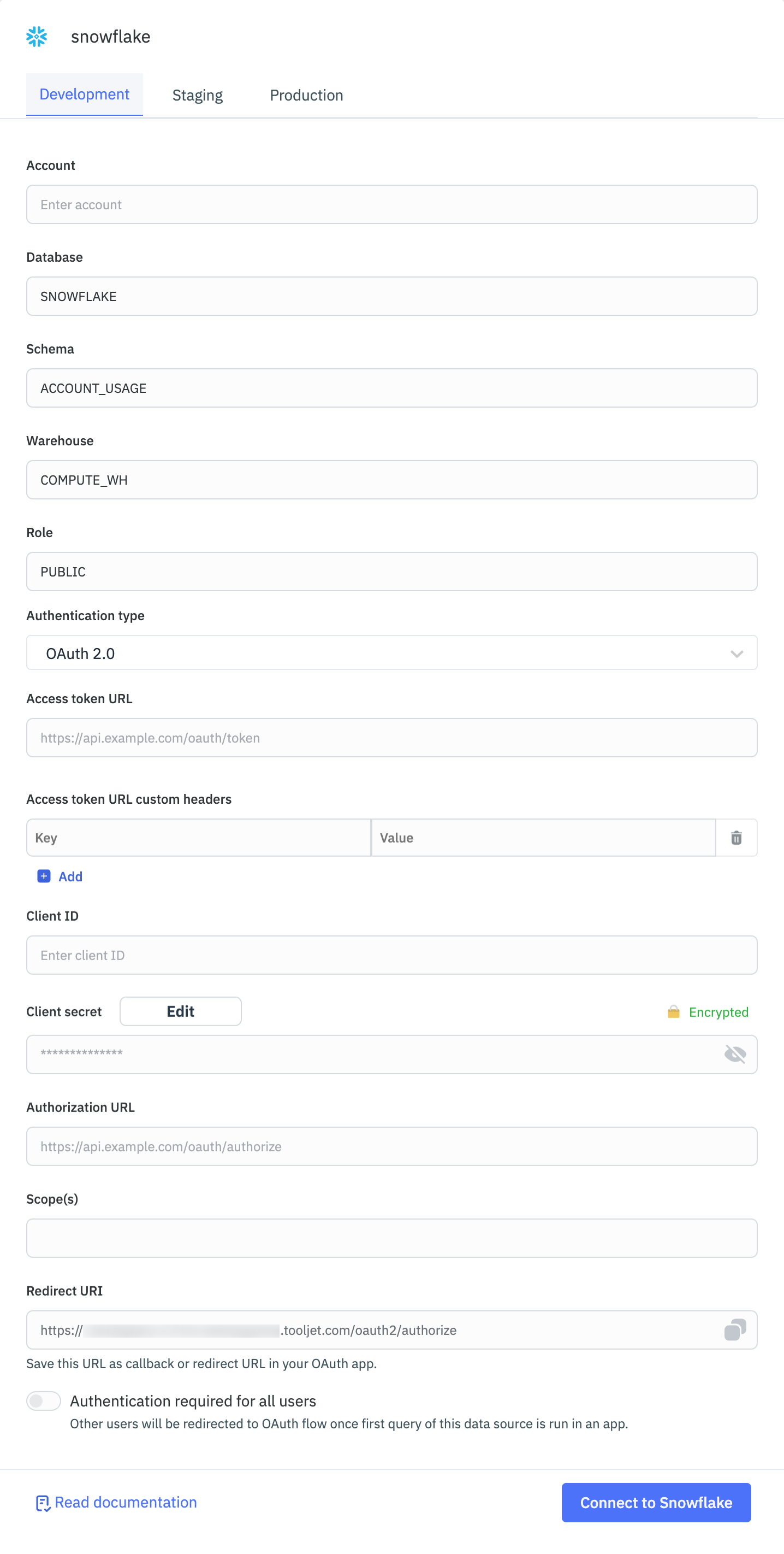 ToolJet - Snowflake connection