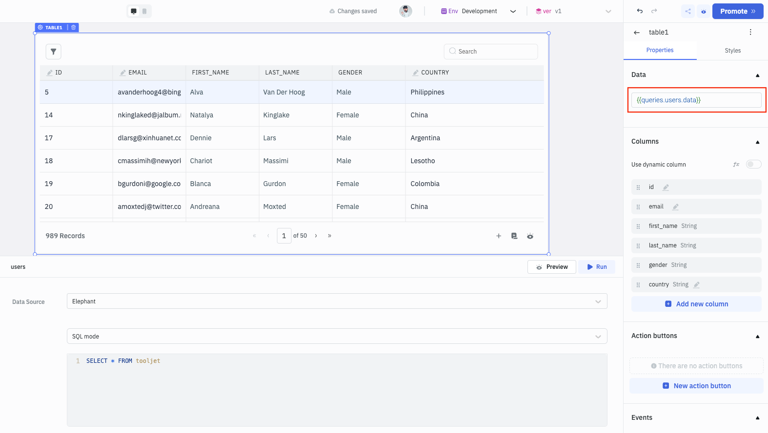 Display Data on the Table