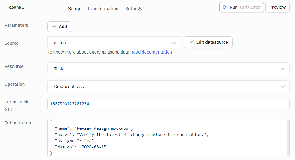 Asana Create subtask ops