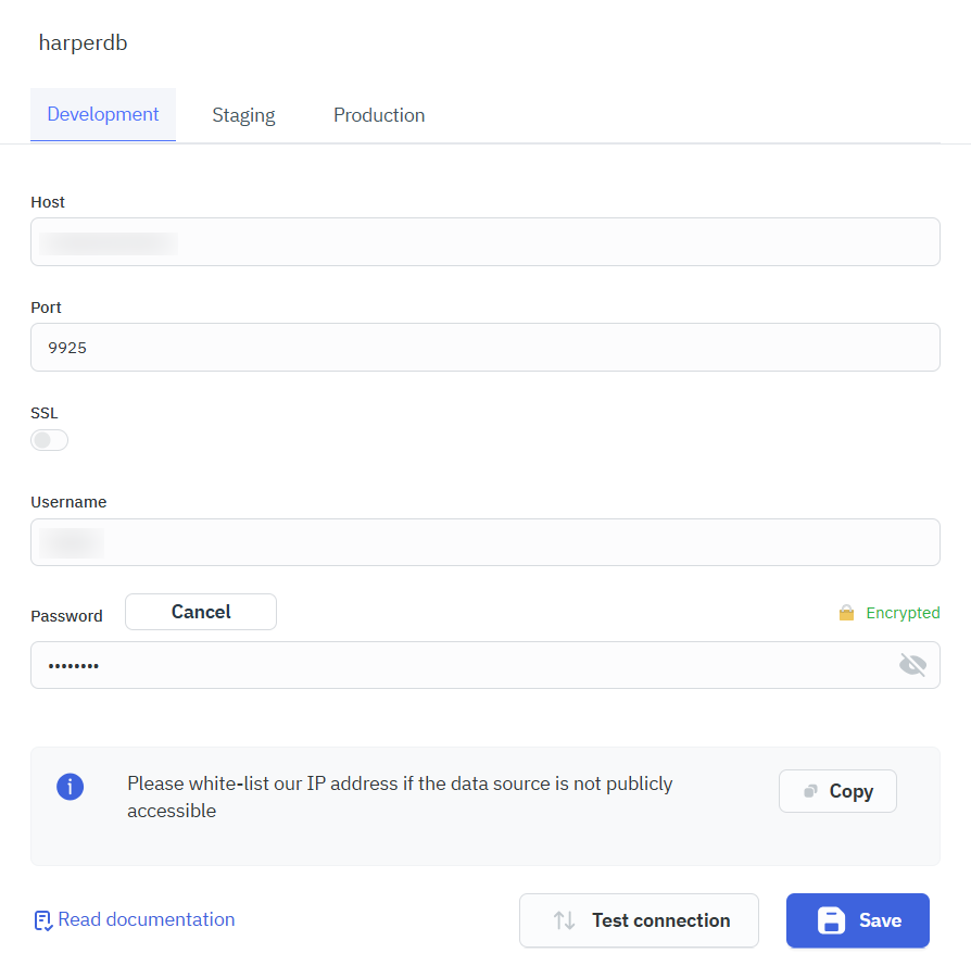 HarperDB data source configuration