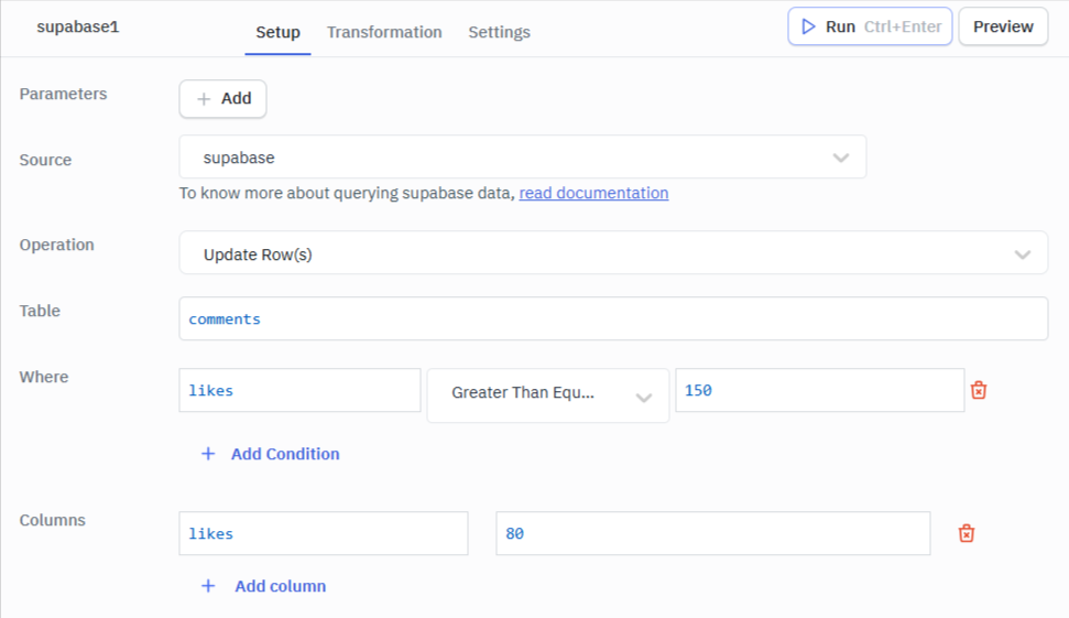 Update Rows query