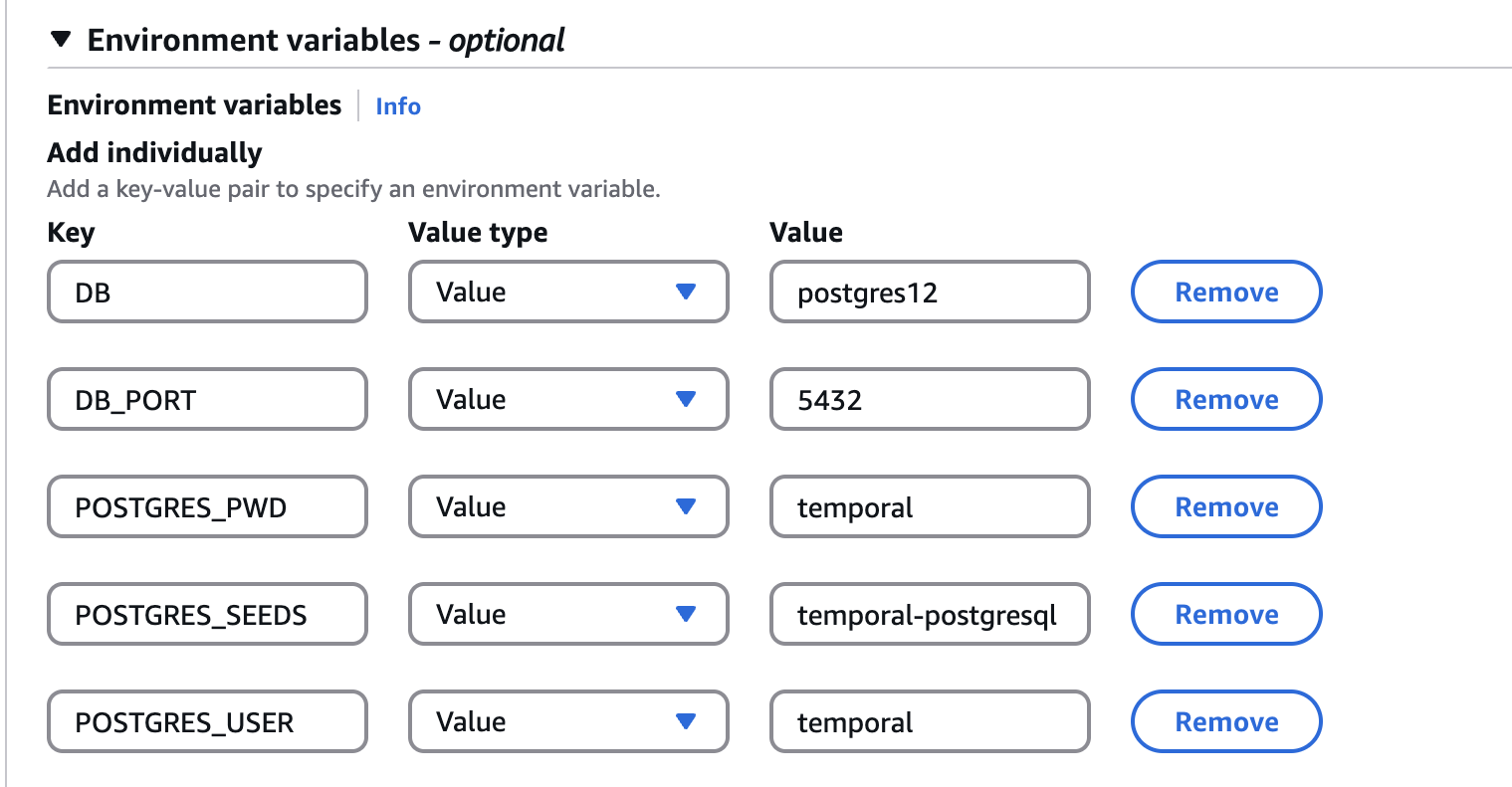 Temporal server container ENV's