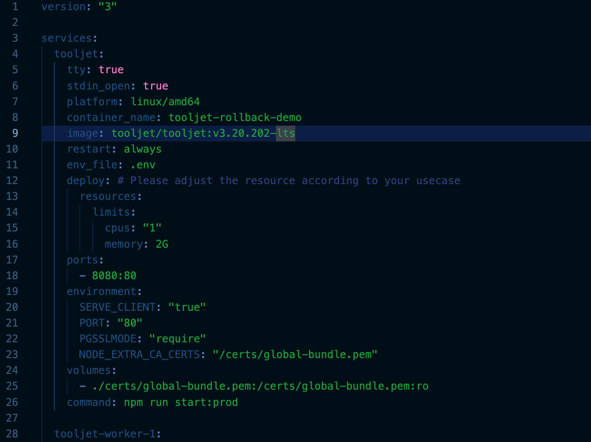 docker-compose.yaml with the image tag updated to a previous version