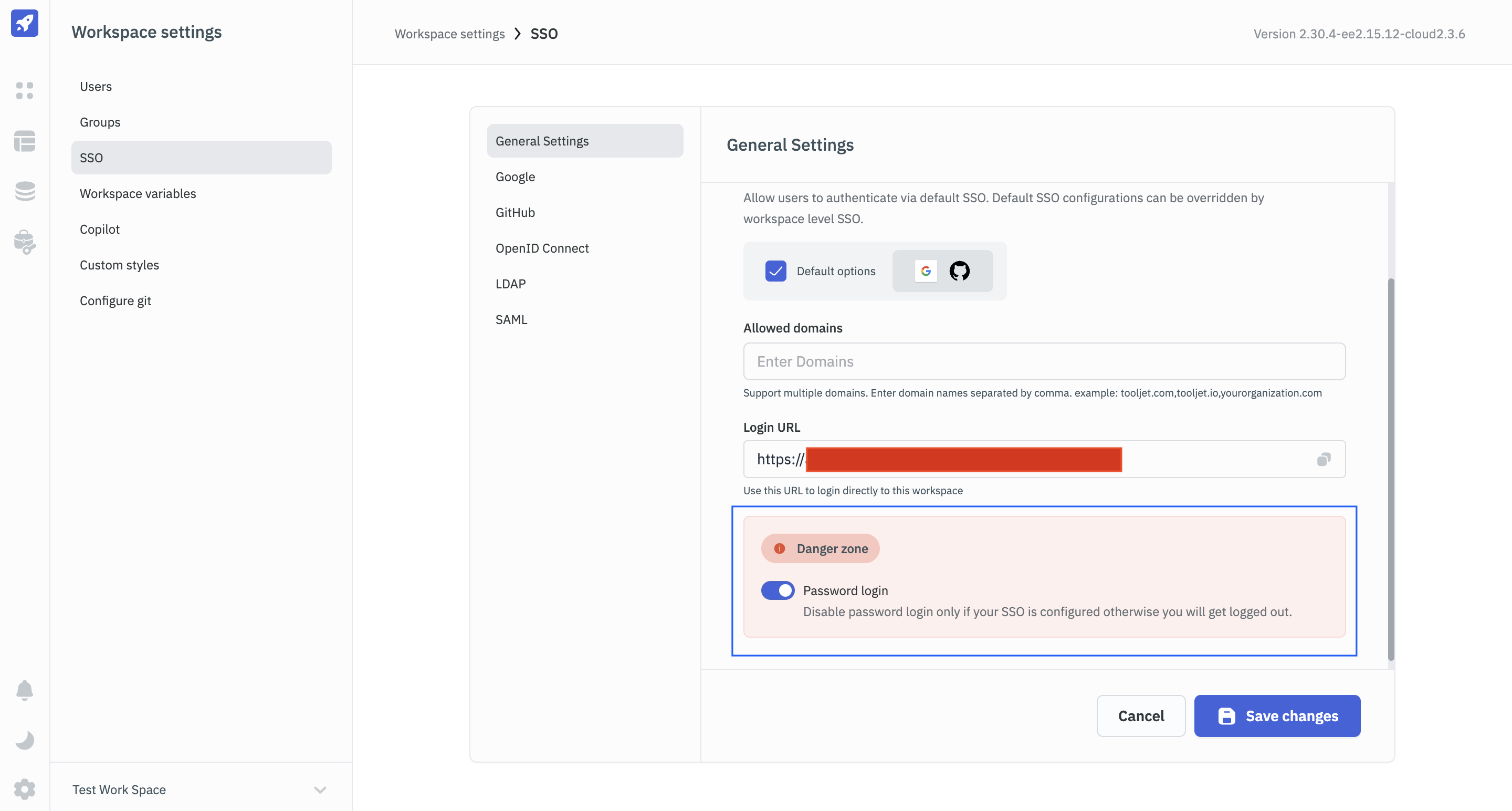 General Settings: Password login