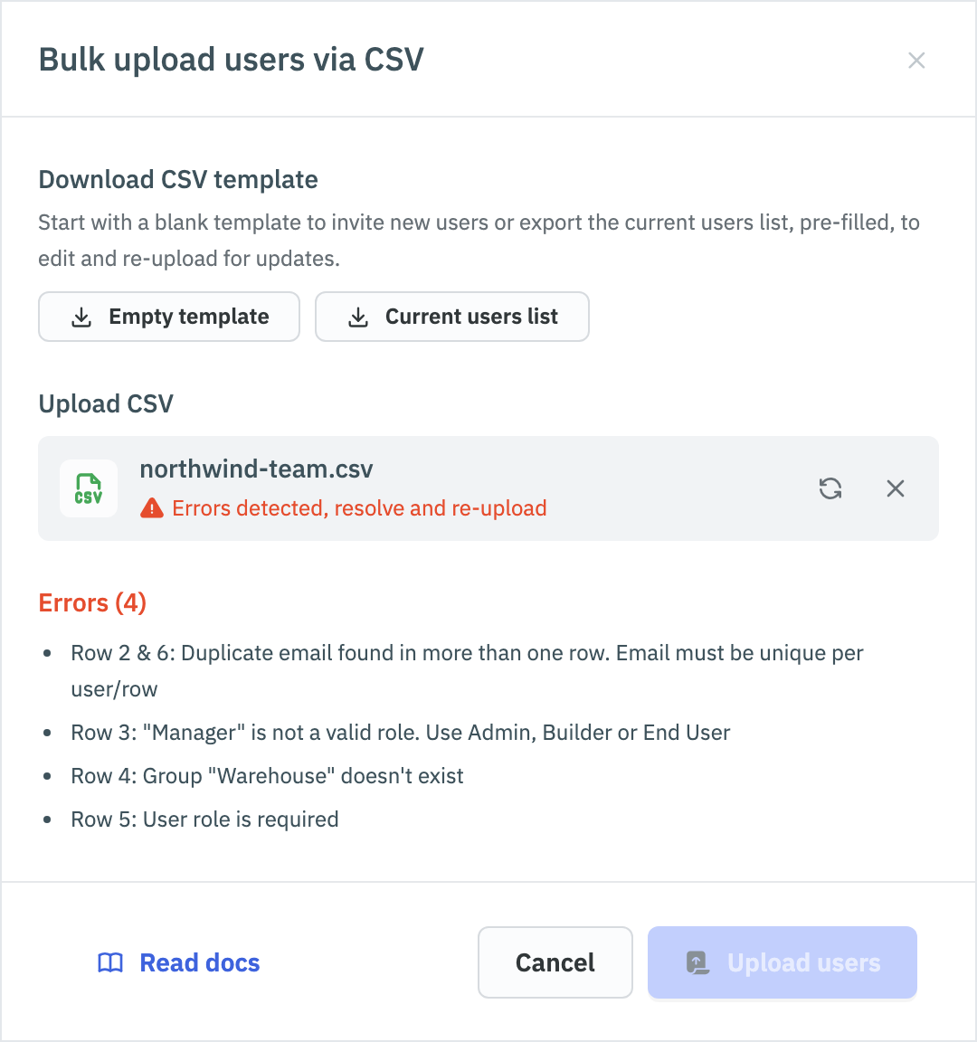 CSV file with errors listed by row number