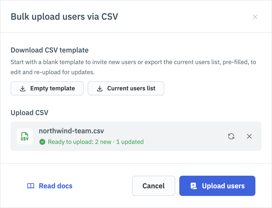 Validated CSV file with a summary of 2 new and 1 updated users