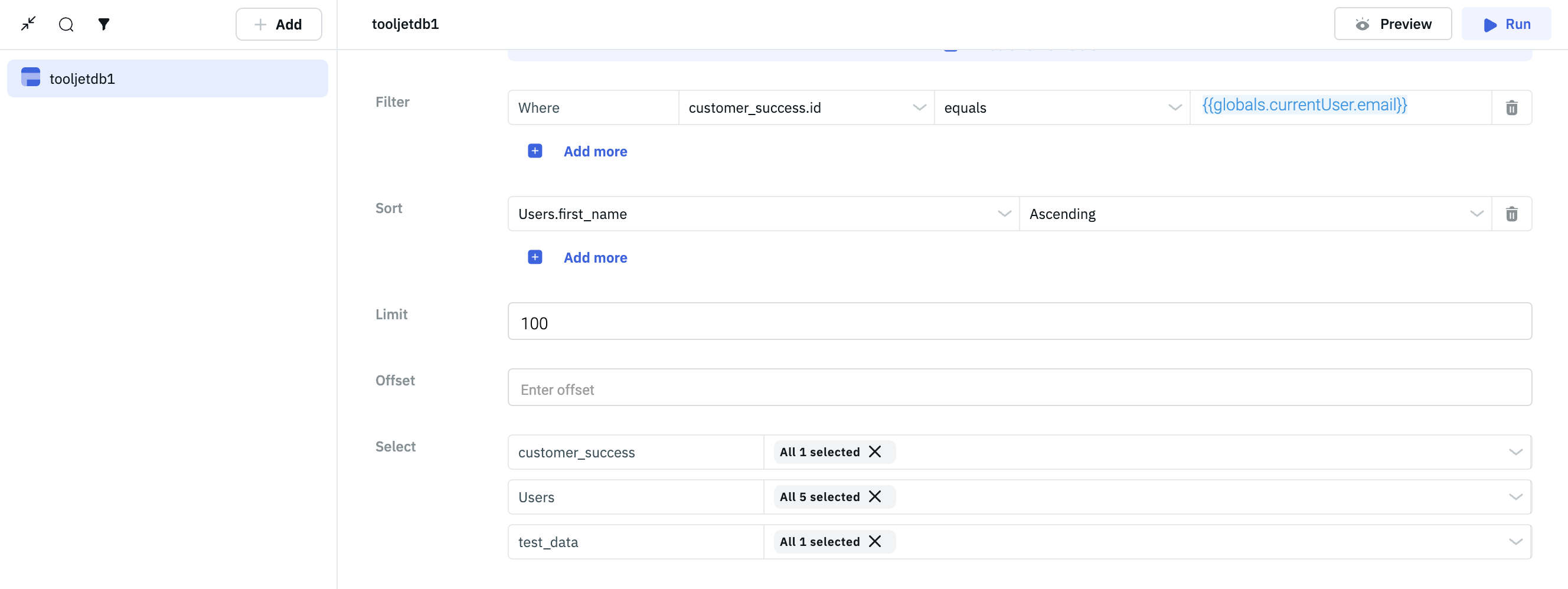 ToolJet Database editor