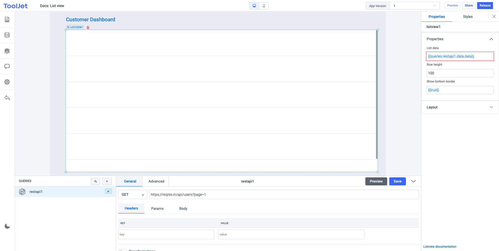 ToolJet - List view component