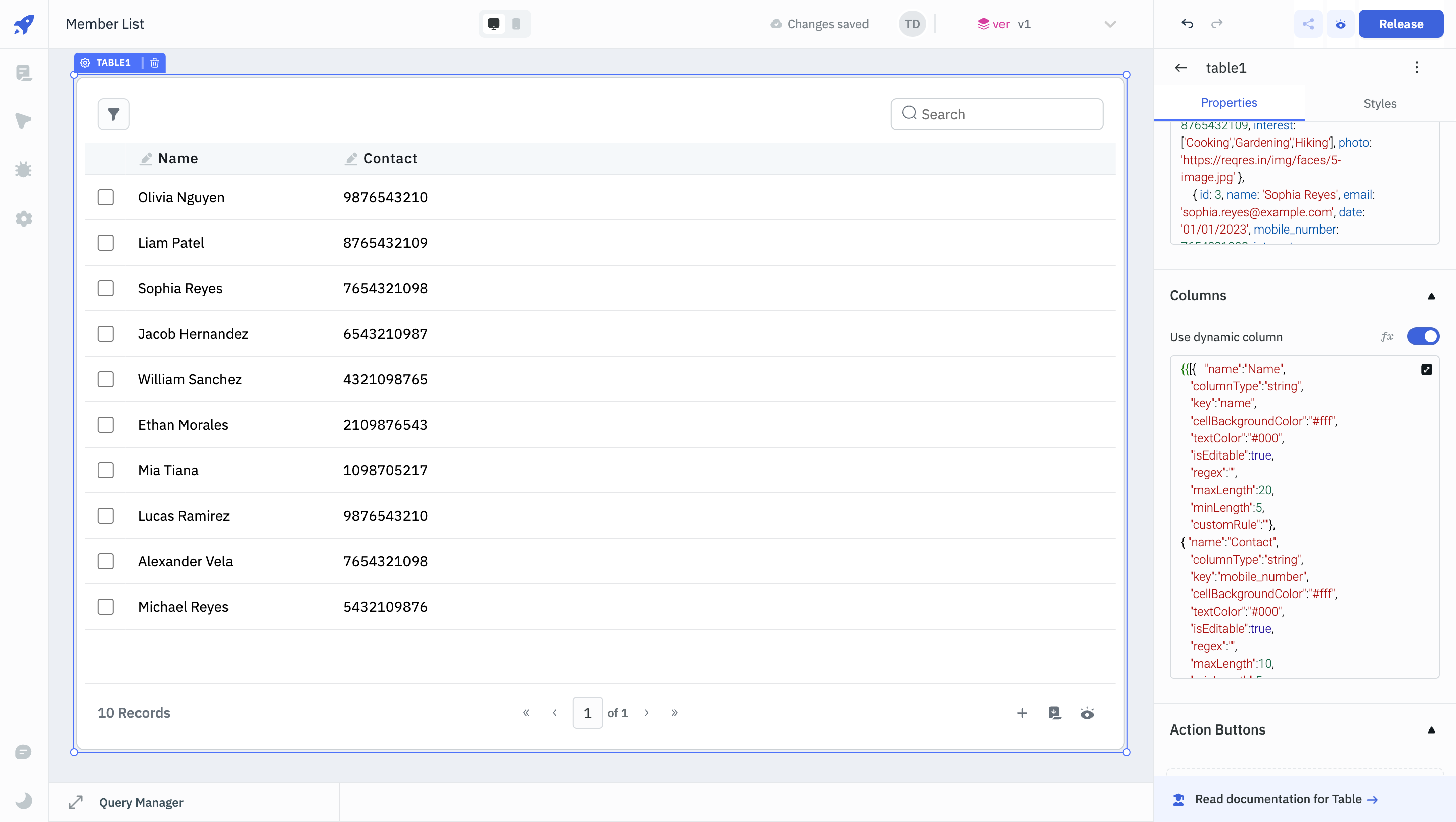 ToolJet - Component Reference - Dynamic Columns