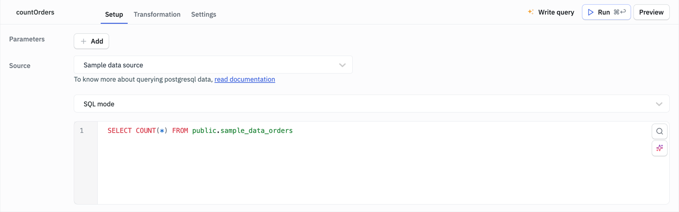 Query panel with the COUNT query that returns the total record count